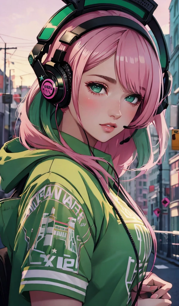 model girl wearing headphones, city background, emerald green eyes, pink hair, intricate details, aesthetically pleasing pastel colors, poster background, art by ilya kuvshinov