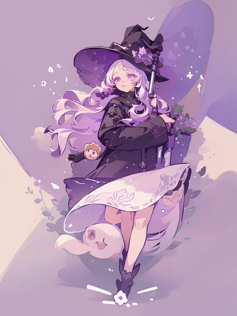 1girl, witch, beautiful witch, long white hair, purple eyes, holding a black umbrella, illustration