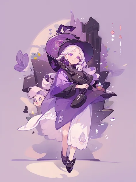 1girl, witch, beautiful witch, long white hair, purple eyes, holding a black umbrella, illustration