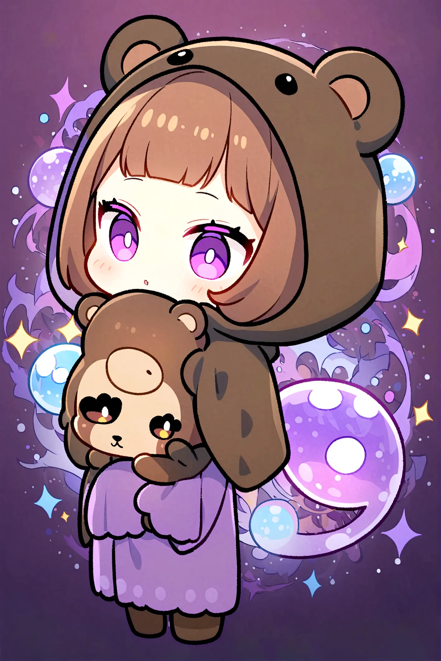 Brown Hair、Wearing a dark brown bear hood、Bangs、Bangs Style、茶髪ロングのChibi Character、Wearing a dark brown bear ear hooded blanket、P...