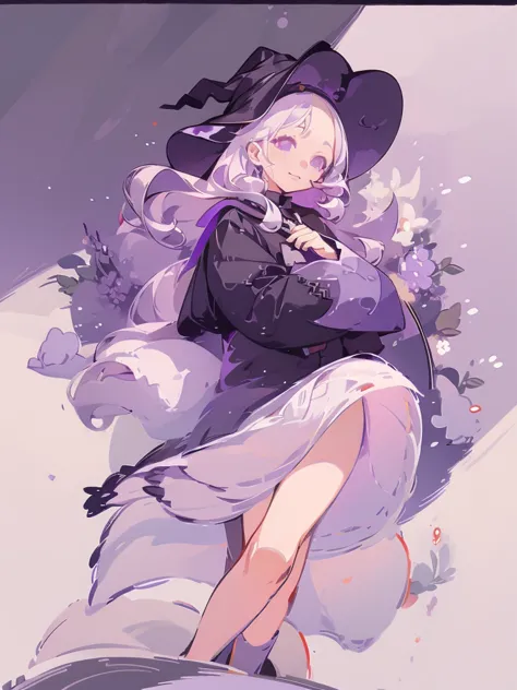 Halfbody, 1girl, witch, beautiful witch, long white hair, purple eyes, holding a black umbrella, illustration, perfect eyes, per...
