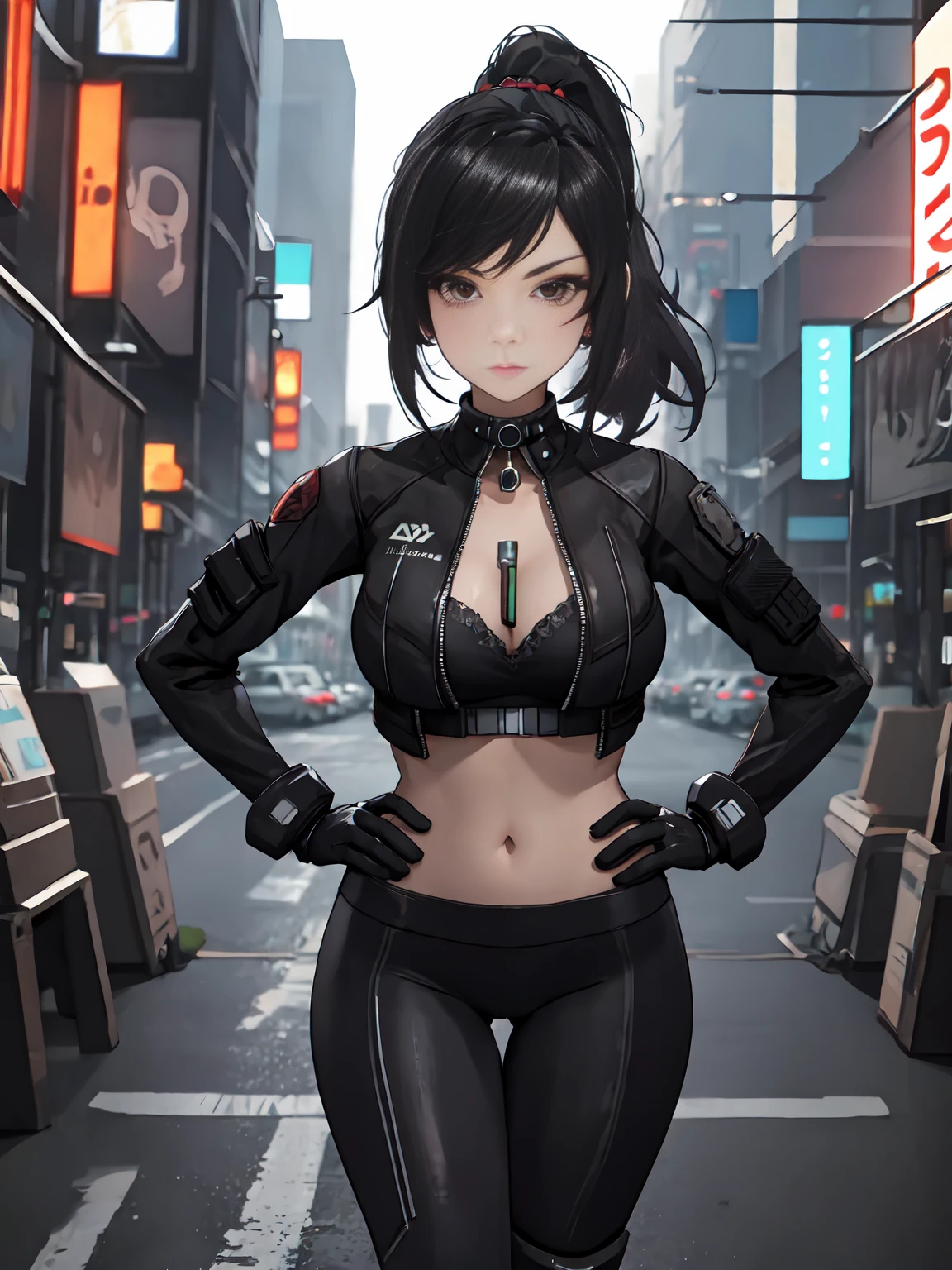 (masterpiece, best quality, aesthetic:1.4,) 1girl, Cyberpunk, futuristic, Yelan, BREAK, symmetrical face, highly detailed face, black hair, long hair, ponytail, holographic interface, BREAK, crimson eyes, highly detailed eyes, BREAK, large breasts, tight clothing, leather jacket, black shirt, BREAK, knee boots, black yoga pants, black gloves, tactical gear, BREAK, hands on hips, serious expression, standing, BREAK, female focus, upperbody, neon aesthetic, futuristic cityscape, sci-fi