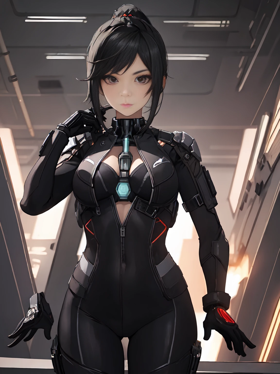 (masterpiece, best quality, aesthetic:1.4,) 1girl, Cyberpunk, futuristic, Yelan, BREAK, symmetrical face, highly detailed face, black hair, long hair, ponytail, holographic interface, BREAK, crimson eyes, highly detailed eyes, BREAK, large breasts, tight clothing, leather jacket, black shirt, BREAK, knee boots, black yoga pants, black gloves, tactical gear, BREAK, hands on hips, serious expression, standing, BREAK, female focus, upperbody, neon aesthetic, futuristic cityscape, sci-fi