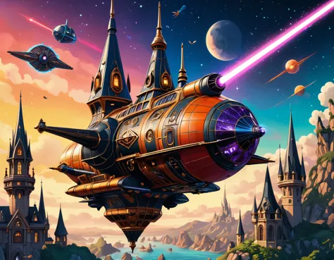 (Cute cartoon style), (vintage spaceship with Gothic spires and long cannons:1.2) (explosion on board:1.2), epic nature scenery,...