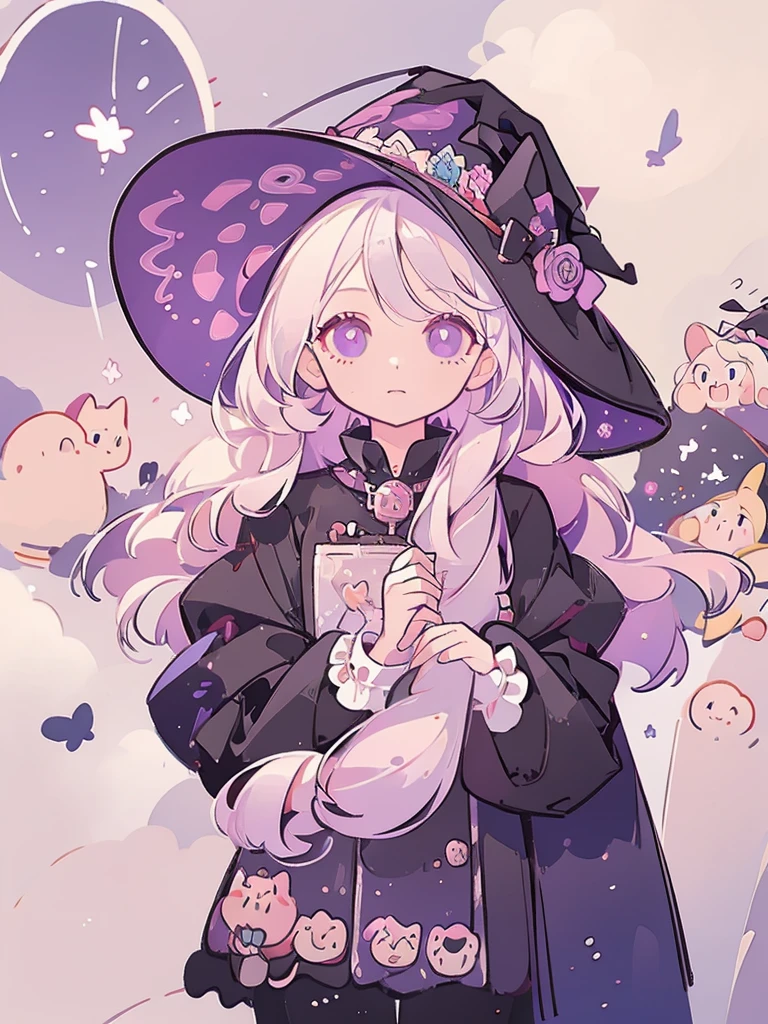 Bust-up, 1girl, witch, beautiful witch, long white hair, purple eyes, holding a black umbrella, illustration, perfect eyes, perfect face, perfect hand, portrait