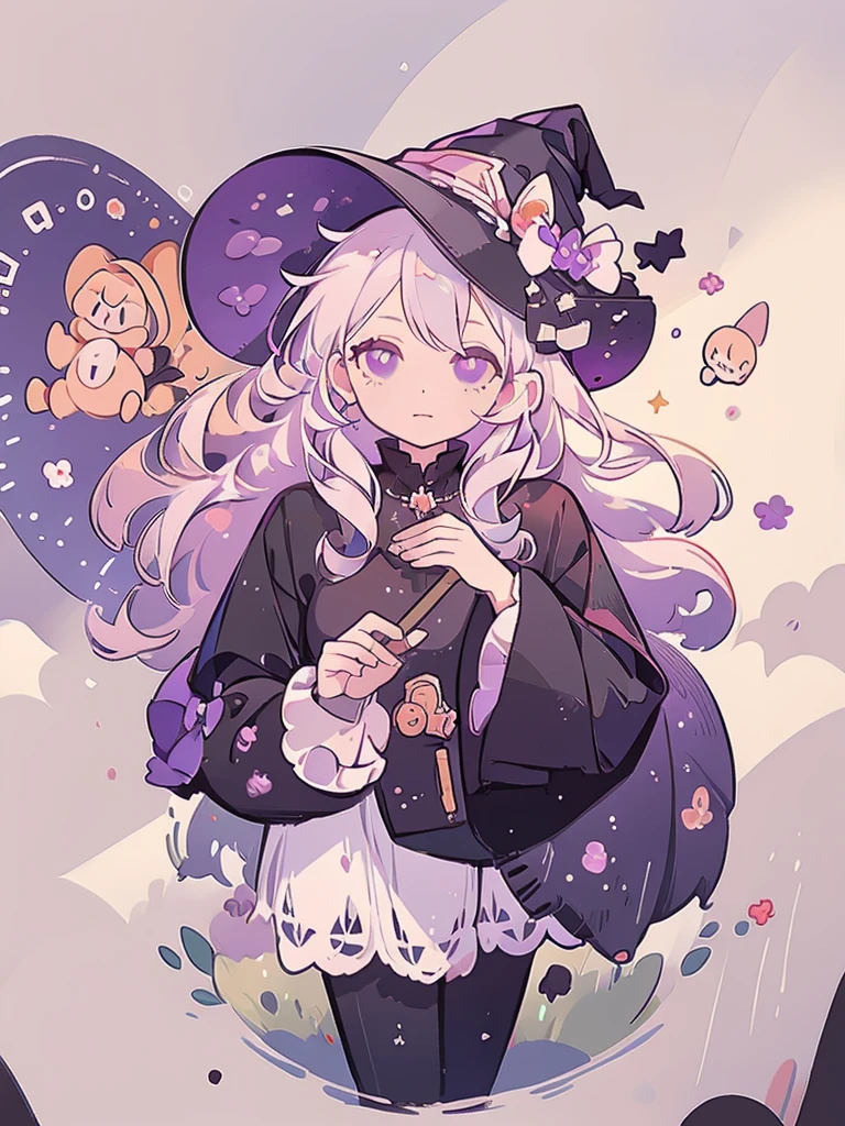 Bust-up, 1girl, witch, beautiful witch, long white hair, purple eyes, holding a black umbrella, illustration, perfect eyes, perfect face, perfect hand, portrait