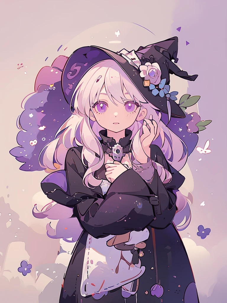 Bust-up, 1girl, witch, beautiful witch, long white hair, purple eyes, holding a black umbrella, illustration, perfect eyes, perfect face, perfect hand, portrait