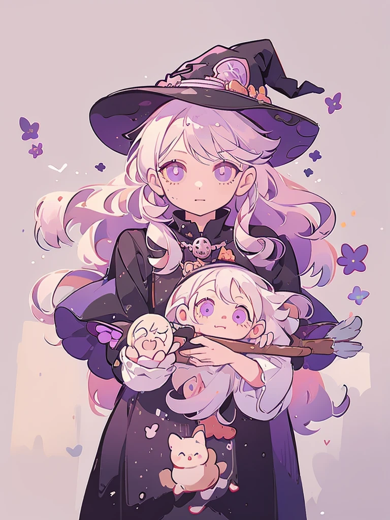 Bust-up, 1girl, witch, beautiful witch, long white hair, purple eyes, holding a black umbrella, illustration, perfect eyes, perfect face, perfect hand, portrait