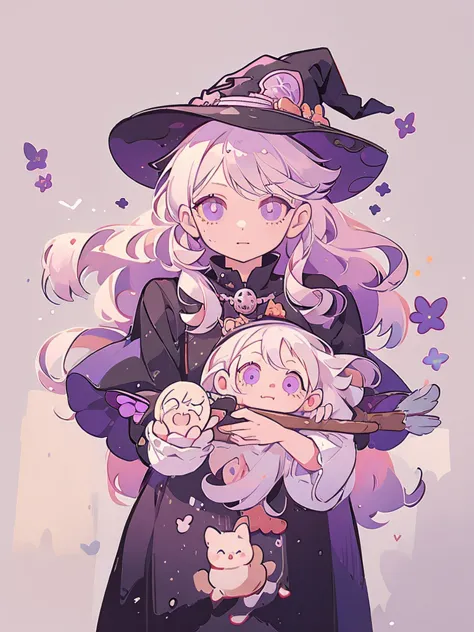Bust-up, 1girl, witch, beautiful witch, long white hair, purple eyes, holding a black umbrella, illustration, perfect eyes, perf...