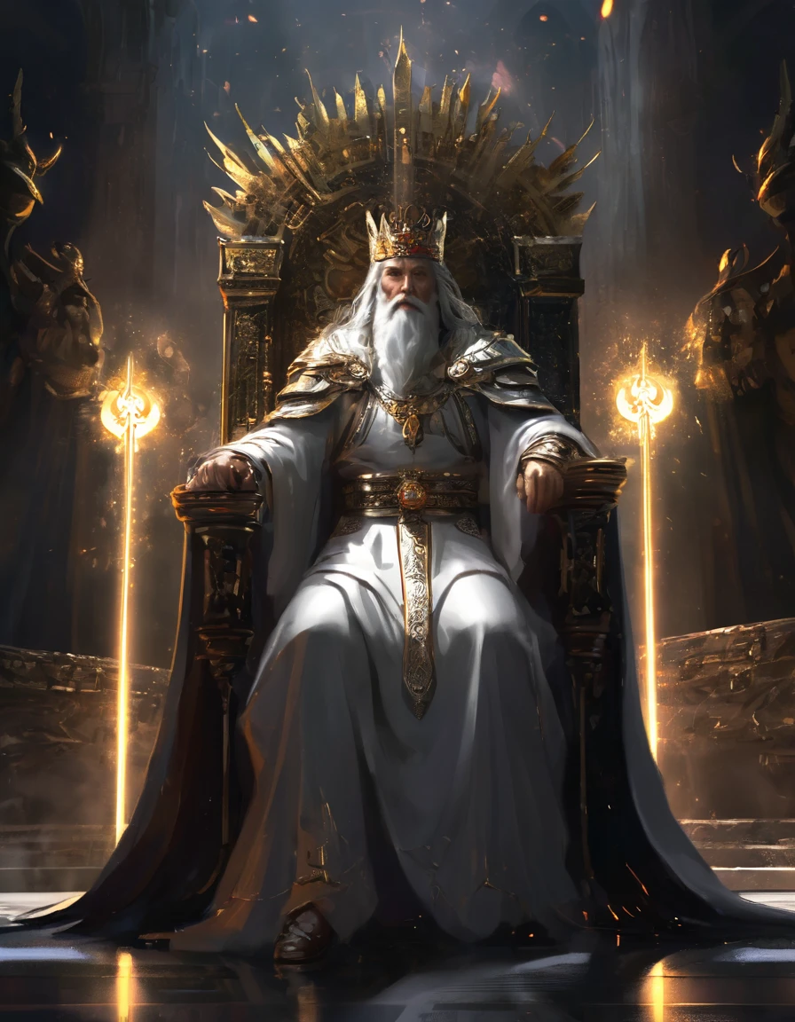 Kindly, Generate an image of an imposing MAN wearing a crown on his head, Sitting authoritatively on a special throne，This throne is located in the center of the radiant cross. He wears a white cloak，Flow around him, Adding a touch of mystery to his figure. In one of your hands, He held a staff that looked majestic. The whole scene takes place during the day, The cobblestone streets cast deep shadows. Around the throne, holy light, Crackling and shining;, Cast a sinister glow around you. His glow disturbed the whole scene。Around the throne，Standing are four Valkyries with different looks and figures, full of divinity，Fence the throne，The combination of daylight and flame creates dramatic contrasts, Revealing the details of the throne, 3d