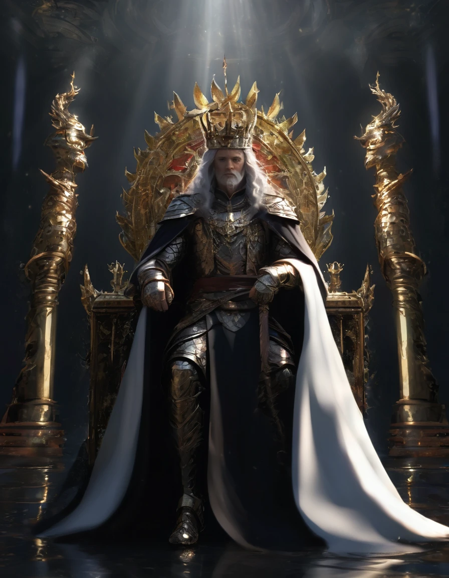 Kindly, Generate an image of an imposing MAN wearing a crown on his head, Sitting authoritatively on a special throne，This throne is located in the center of the radiant cross. He wears a white cloak，Flow around him, Adding a touch of mystery to his figure. In one of your hands, He held a staff that looked majestic. The whole scene takes place during the day, The cobblestone streets cast deep shadows. Around the throne, holy light, Crackling and shining;, Cast a sinister glow around you. His glow disturbed the whole scene。Around the throne，Standing are four Valkyries with different looks and figures, full of divinity，Fence the throne，The combination of daylight and flame creates dramatic contrasts, Revealing the details of the throne, 3d