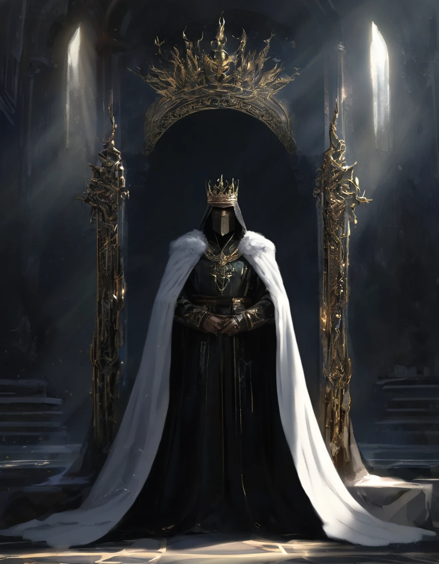 Kindly, Generate an image of an imposing MAN wearing a crown on his head, Sitting authoritatively on a special throne，This throne is located in the center of the radiant cross. He wears a white cloak，Flow around him, Adding a touch of mystery to his figure. In one of your hands, He held a staff that looked majestic. The whole scene takes place during the day, The cobblestone streets cast deep shadows. Around the throne, holy light, Crackling and shining;, Cast a sinister glow around you. His glow disturbed the whole scene。Around the throne，Standing are four Valkyries with different looks and figures, full of divinity，Fence the throne，The combination of daylight and flame creates dramatic contrasts, Revealing the details of the throne, 3d