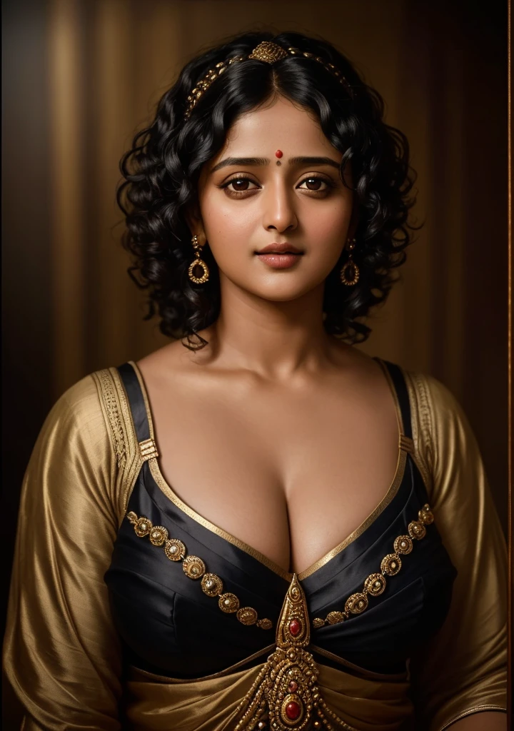 On dirait Anushka Shetty, un portrait photo d&#39;une belle fille de 40 ans, avec des boucles, cheveux noirs coiffés, (face portrait:1.5), lumière dramatique, Rembrandt et elle avaient de gros nichons 