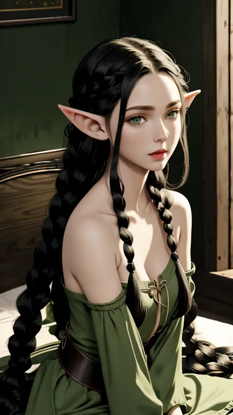 an elf girl with long braided black hair, elf ears, big round green eyes, thin lips, round face, small breasts, delicate and bea...