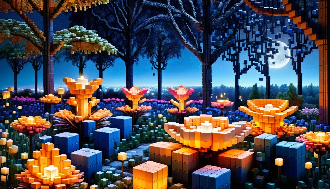 A fascinating flower garden at night made up of RAL-3D cubes, There are lots of small animals,Wrapped in the fantastic light of the night,A very beautiful secret flower garden,Small squirrels are gathering