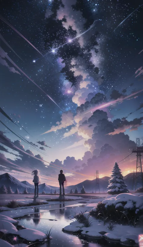 anime scenery of two people standing on a rock looking at the sky, cosmic skies. by makoto shinkai, makoto shinkai cyril rolando...