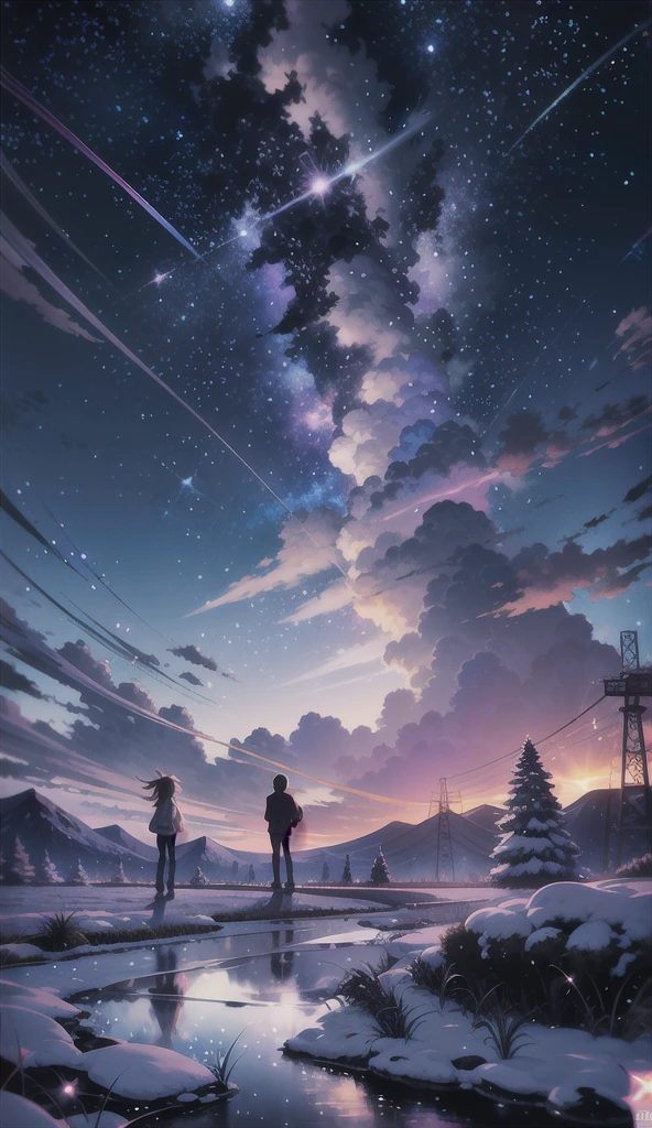 Аниме-пейзажи двух людей, стоящих на камне и смотрящих в небо, космическое небо. Макото Синкай, Макото Синкай Сирил Роландо, красивая аниме-сцена, аниме небо, аниме арт обои 4 k, Аниме Арт Обои 4k, аниме арт обои 8 k, аниме красивая сцена мира, в стиле Макото синкай, 4k аниме обои