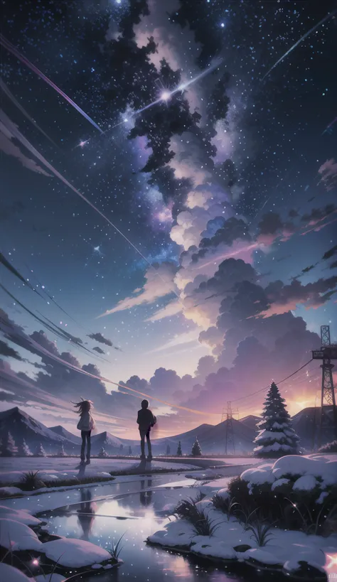 anime scenery of two people standing on a rock looking at the sky, cosmic skies. by makoto shinkai, makoto shinkai cyril rolando...