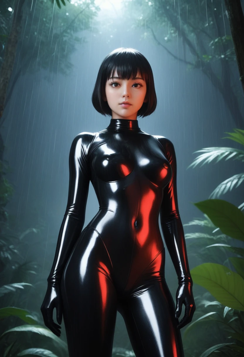 zPDXL, source_anime, BREAK slave Trilla, LATEX helmet with red translucent visor, , armor,black gloves,(tight silver bodysuit),,black pants, BREAK close-up, solo, standing, front view, medium breasts, , wide hips, BREAK x3dce, 3d, jungle background, dense vegetation, rain, night, night sky,
