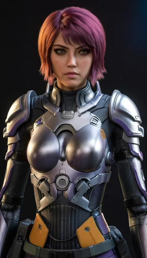 professional 3d model Cinematic scene, sabine wren, SILVER armor (HUGE BREASTS), Ghost in the Shell, detailed background, master...