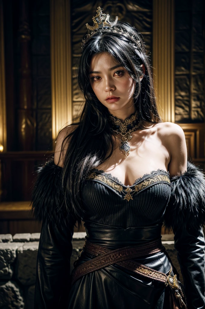 A nordic woman with a dagger in her hand. She wears ornate, dark armor adorned with fur-lined shoulders, very small crown. Her expression is commanding, yellow eyes, flowing black hair, gotic castle background, medium and squishy breast, thin waist, blush