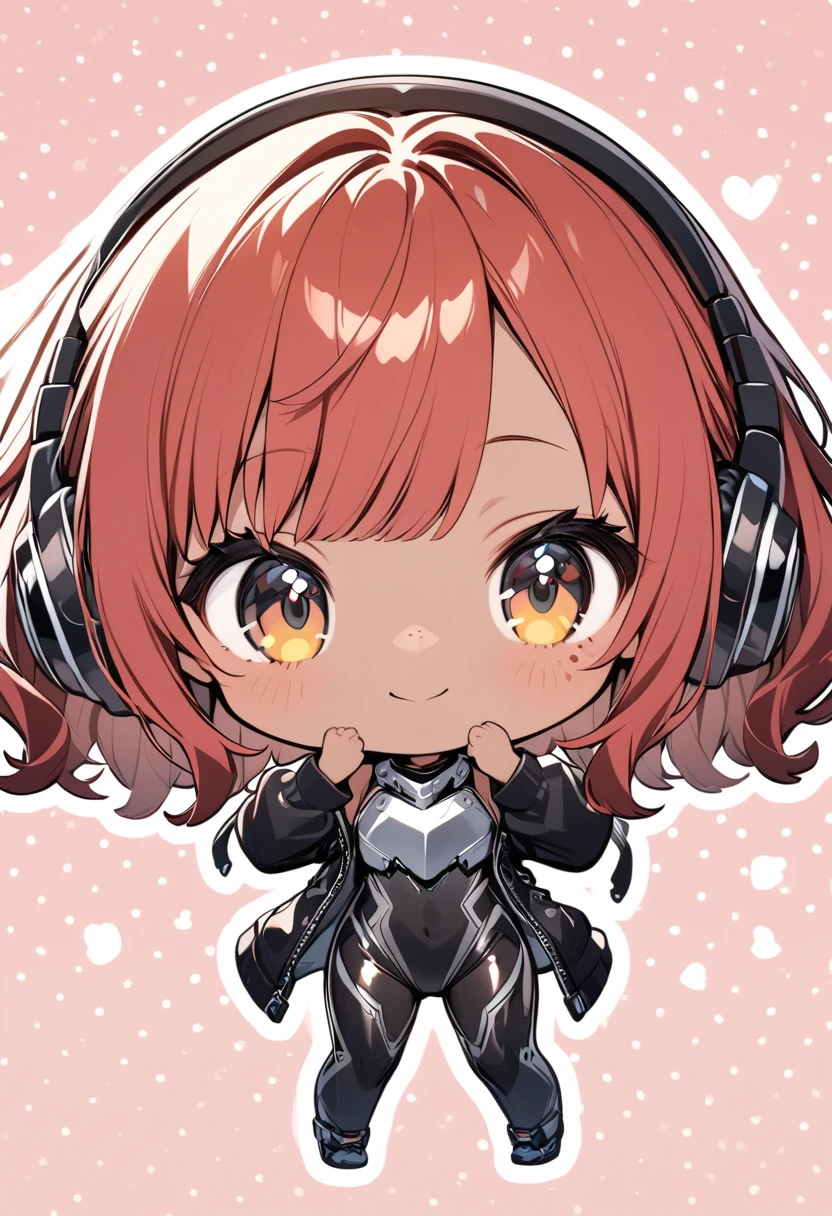 full body,1 girl,(cute:1.3),red Hair, left eye blue, right eye yellow, tan skin, freckles,｛White breastplate, Black futuristic headphones, Mechanical black glossy metallic Bodysuit, Bare shoulders, oversized jacket, Glossy, shiny material,chibi emote, chibi character, cute pose
