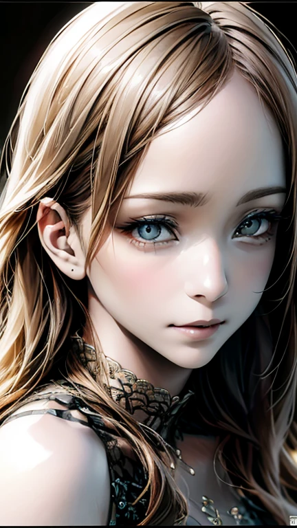 (Highest quality、8K、32k、masterpiece)、(Realistic)、(Realistic:1.2)、(High resolution)、Very detailed、Very beautiful face and eyes、1 Girl、Round and small face、(Droopy eyes:1.3), Tight waist、Delicate body、(close、Highest quality、Attention to detail、Rich skin detail)、(Highest quality、8K、Oil paint:1.2)、Very detailed、(Realistic、Realistic:1.37)、Bright colors