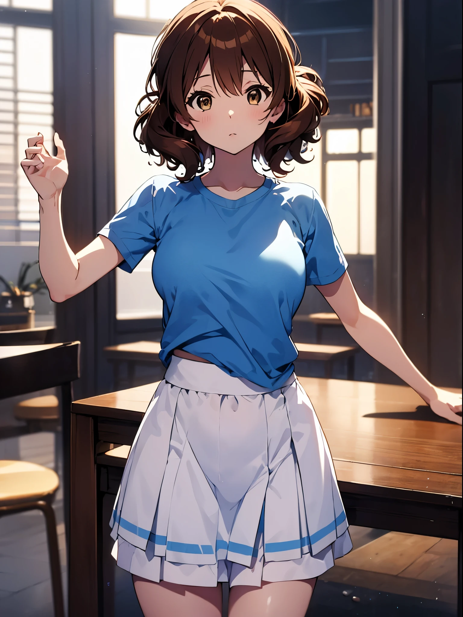 NSFW ４ｋqulity, solo、top-quality, Kumiko Omae, Brown-eyed, Standing、Short_hair, subminiature_Breast,）a park　、Kumiko　１６Age　sexypose　Bewitching、Light blue T-shirt、dress figure,front-facing view、The absolute standard is the center of the navel、