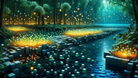 RAL-A fascinating river made up of 3D cubes, There are lots of small fish,Surrounded by the fantastic light of fireflies,There a...