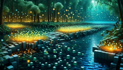 ral-a fascinating river made up of 3d cubes, there are lots of small fish,surrounded by the fantastic light of fireflies,there a...