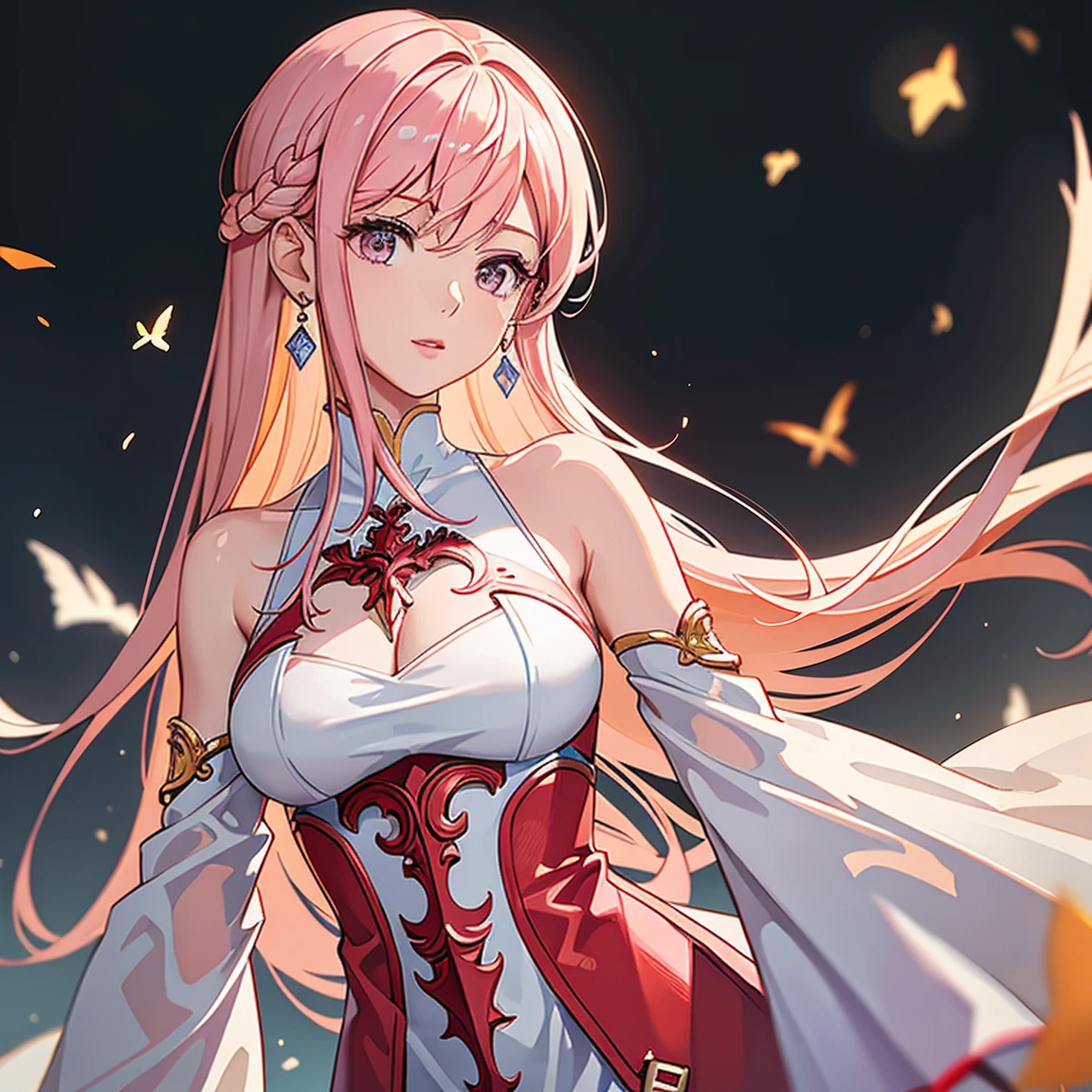 (masterpiece, high quality, best quality, 4k, 8k:1.4), 1girl, solo, pink hair, brown eyes, double-parted bangs, long hair, (mature female, mature:1.2), mole under eye, earrings, strap white and red dress, detailed face, beautiful detailed eyes, beautiful detailed lips, extremely detailed face, long eyelashes, intricate details, soft lighting, soft color pallette, perfect anatomy