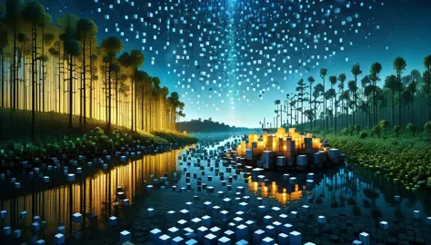 RAL-A fascinating river made up of 3D cubes, There are lots of small fish,Surrounded by the fantastic light of fireflies,There a...