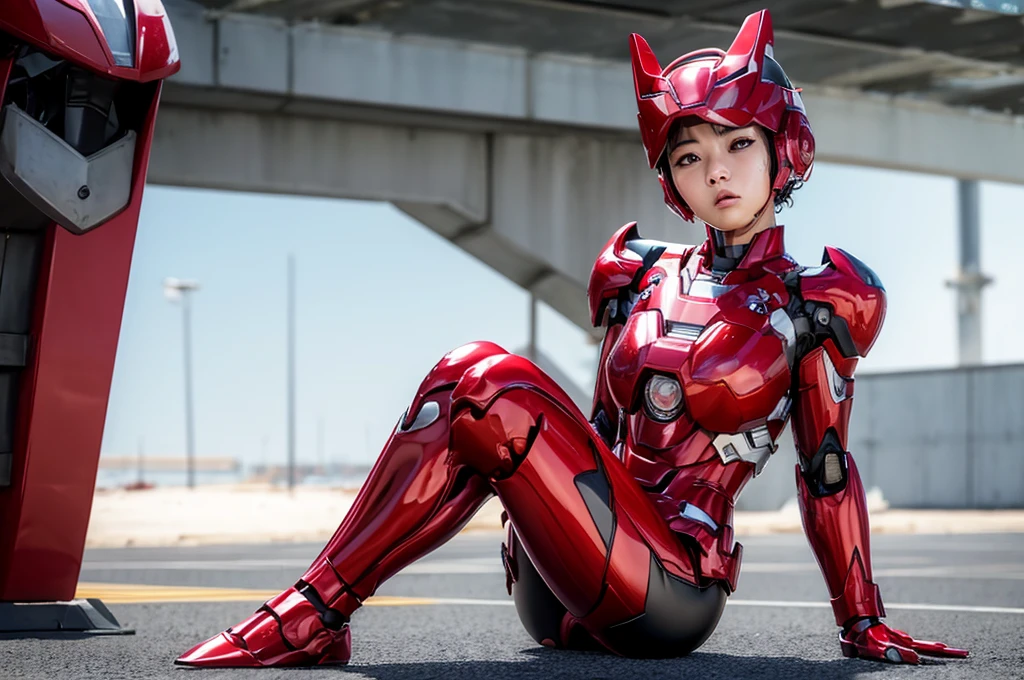 Female Iron Man(Red and Black)、shine、Shortcuts、Textured skin, Super detailed, Attention to detail, high quality, 最high quality, High resolution, 1080P, hard disk, beautiful,(Gundam),Beautiful cyborg woman,Mecha cyborg girl,Battle Mode,Woman with a mechanical body,Full Body Shot、Visor of close-fitting headgear opens、I can see your true face　Expression of bitterness、Sweaty face、、Squint your eyes、、humid、Soaking wet、、Steam coming out of the head、Spread your legs、Embarrassed face、Open your mouth、Hold your face　Boyish black hair　Short-haired　Soaking wet　(Lie on your back with your limbs spread) (emergency)