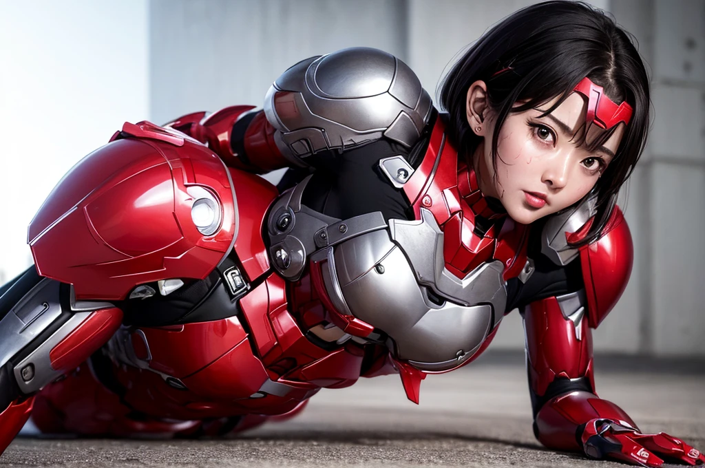 Female Iron Man(Red and Black)、shine、Shortcuts、Textured skin, Super detailed, Attention to detail, high quality, 最high quality, High resolution, 1080P, hard disk, beautiful,(Gundam),Beautiful cyborg woman,Mecha cyborg girl,Battle Mode,Woman with a mechanical body,Full Body Shot、Visor of close-fitting headgear opens、I can see your true face　Expression of bitterness、Sweaty face、、Squint your eyes、、humid、Soaking wet、、Steam coming out of the head、Spread your legs、Embarrassed face、Open your mouth、Hold your face　Boyish black hair　Short-haired　Soaking wet　(Lie on your back with your limbs spread) (emergency)