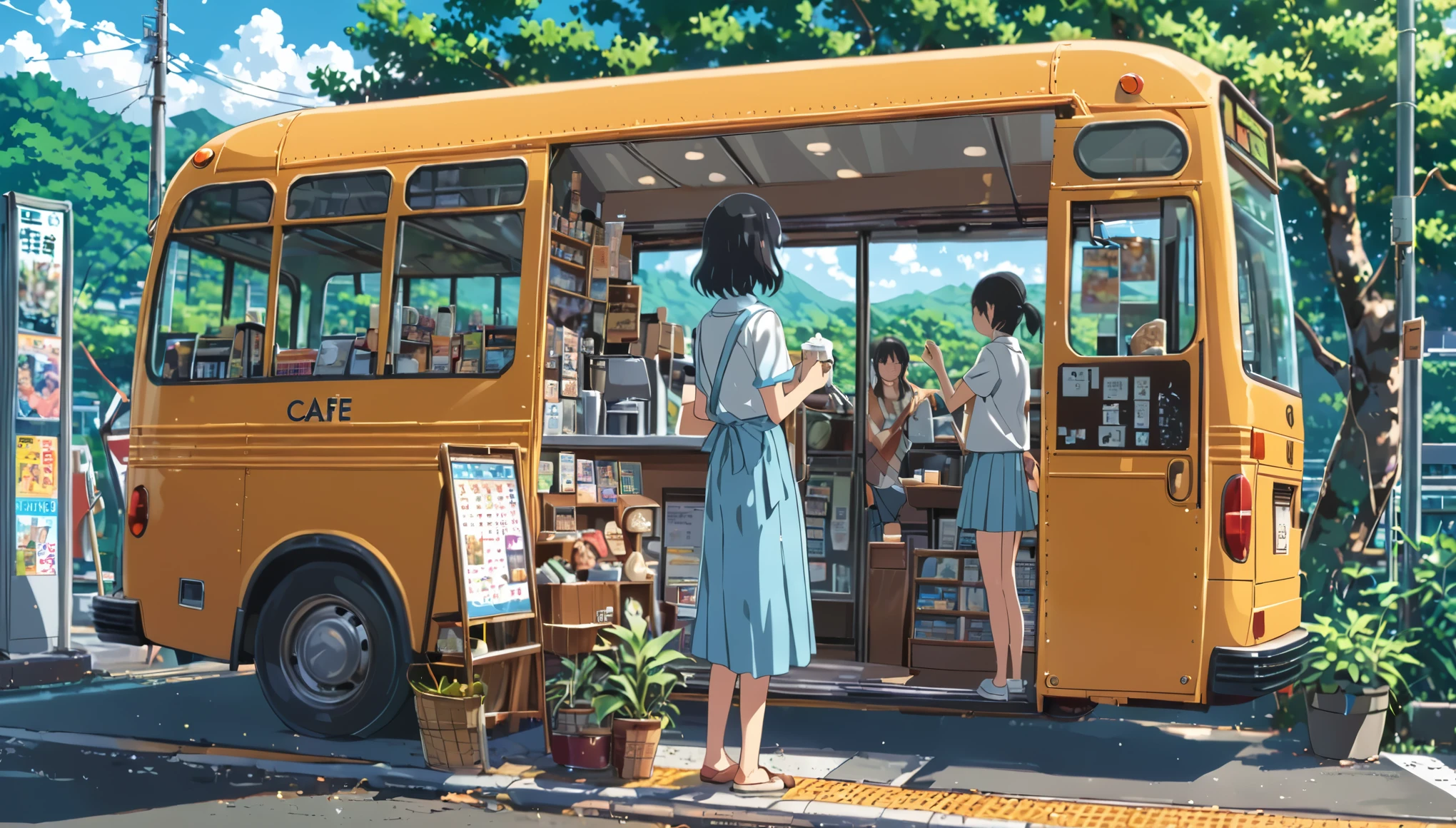 ((anime:1.4,illustration)),(masterpiece, top quality, best quality),(ultra-detailed, absolutely resolution),((16k, high res)), (((cafe in side of bus))), ((anime:1.4,illustration)),(masterpiece, top quality, best quality),(ultra-detailed, absolutely resolution),((16k, high res)). BREAK {lofi art, style of Laurie Greasley, style of Makoto Shinkai, anime aesthetic}, BREAK { (produces images with information than 40 million pixels with cinematic-like detailed textures shot on a Sony SLR).}