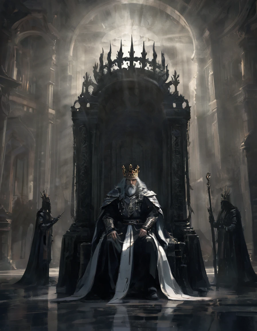 Kindly, Generate an image of an imposing MAN wearing a crown on his head, Sitting authoritatively on a special throne，This throne is located in the center of the radiant cross. He wears a white cloak，Flow around him, Adding a touch of mystery to his figure. In one of your hands, He held a staff that looked majestic. The whole scene takes place during the day, The cobblestone streets cast deep shadows. Around the throne, holy light, Crackling and shining;, Cast a sinister glow around you. His glow disturbed the whole scene。Around the throne，Standing are four Valkyries with different looks and figures, full of divinity，Fence the throne，The combination of daylight and flame creates dramatic contrasts, Revealing the details of the throne, 3d