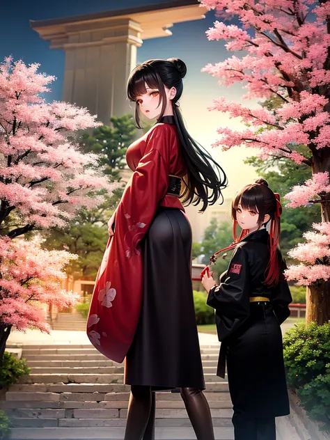 ((masterpiece,best quality)),2girls, black kimono, black legwear, black ribbon, black hair, cherry blossoms, day, flower, hair b...