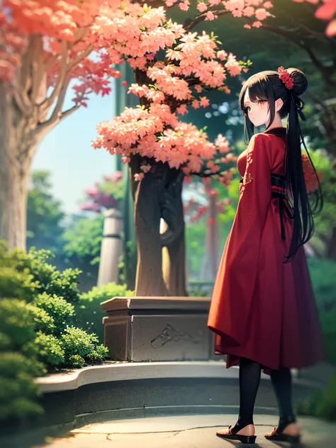 ((masterpiece,best quality)),2girls, black kimono, black legwear, black ribbon, black hair, cherry blossoms, day, flower, hair b...