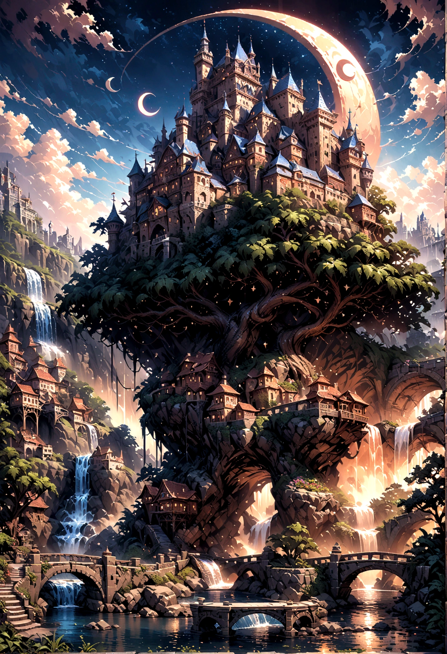 Best quality,masterpiece,ultra high res,(photorealistic:1.4),4k,finely detailed,
Pixel Art,scenery,no humans,sky,outdoors,cloud,moon,waterfall,tree,water,day,night,crescent moon,building,city,castle,star \(sky\),cityscape,tower,blue sky,nature,bridge,fantasy,night sky,看