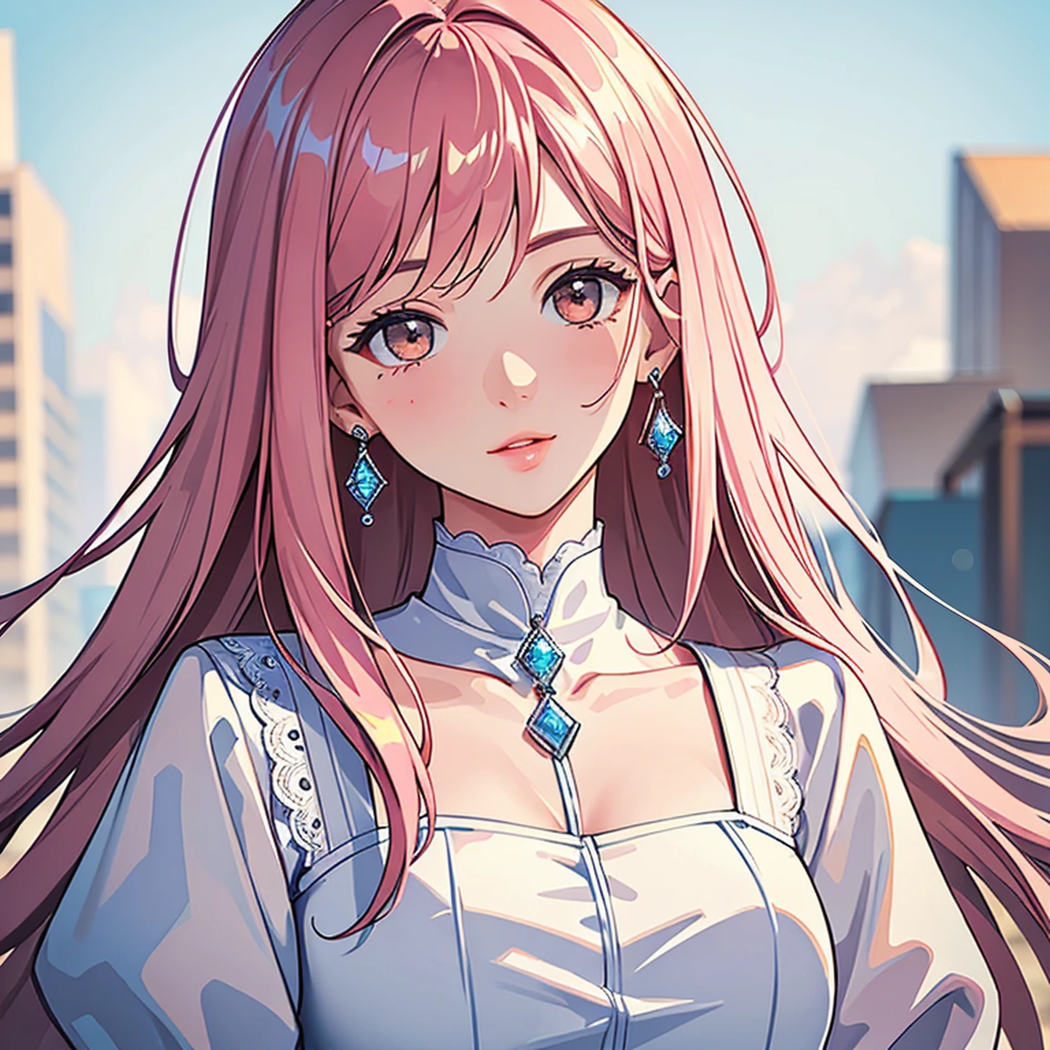 (masterpiece, high quality, best quality, 4k, 8k:1.4), 1girl, solo, pink hair, brown eyes, double-parted bangs, long hair, (mature female, mature:1.2), mole under eye, earrings, strap white and red dress, detailed face, beautiful detailed eyes, beautiful detailed lips, extremely detailed face, long eyelashes, intricate details, soft lighting, soft color pallette, perfect anatomy