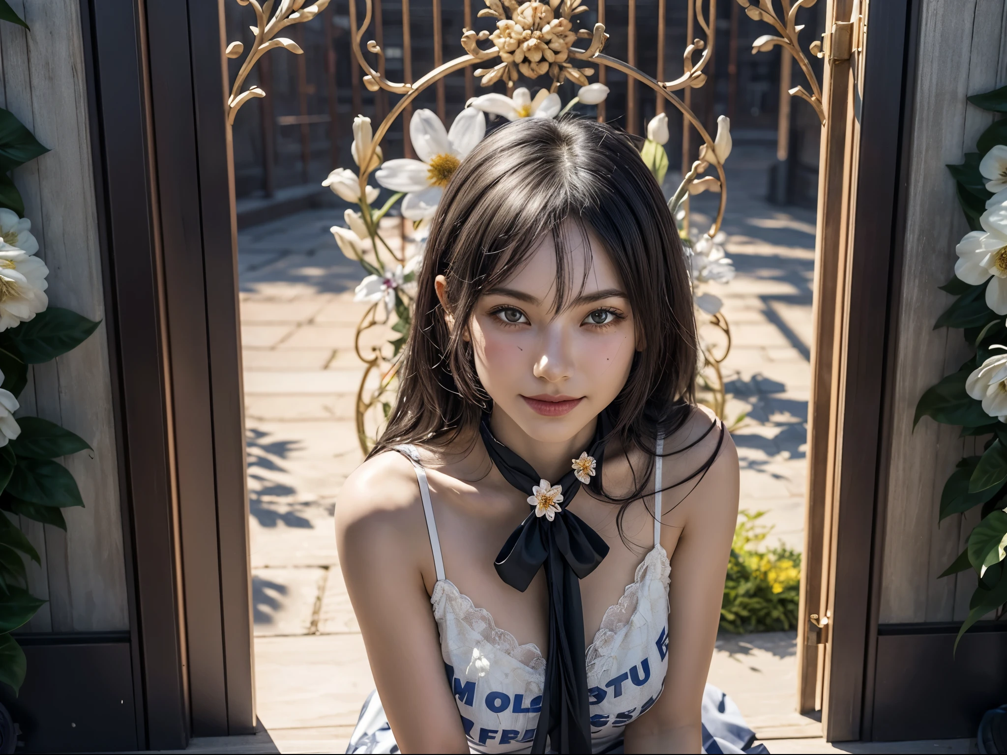 female in white, BREAK, 1girl, (solo:1.4), (30yo), detailed face, calm expression, very long black hair, intricate patterned white snug mini dress, thigh, (tyndall effect:1.2), natural light, fine art portrait, glowing dust, very dry hair, (masterpiece, realistic:1.3), looking at viewer, gentle smile, (flower gate decoration:1.4), outdoor, medium wide shot, (10yo, cute:1.3), (breasts:1.2),