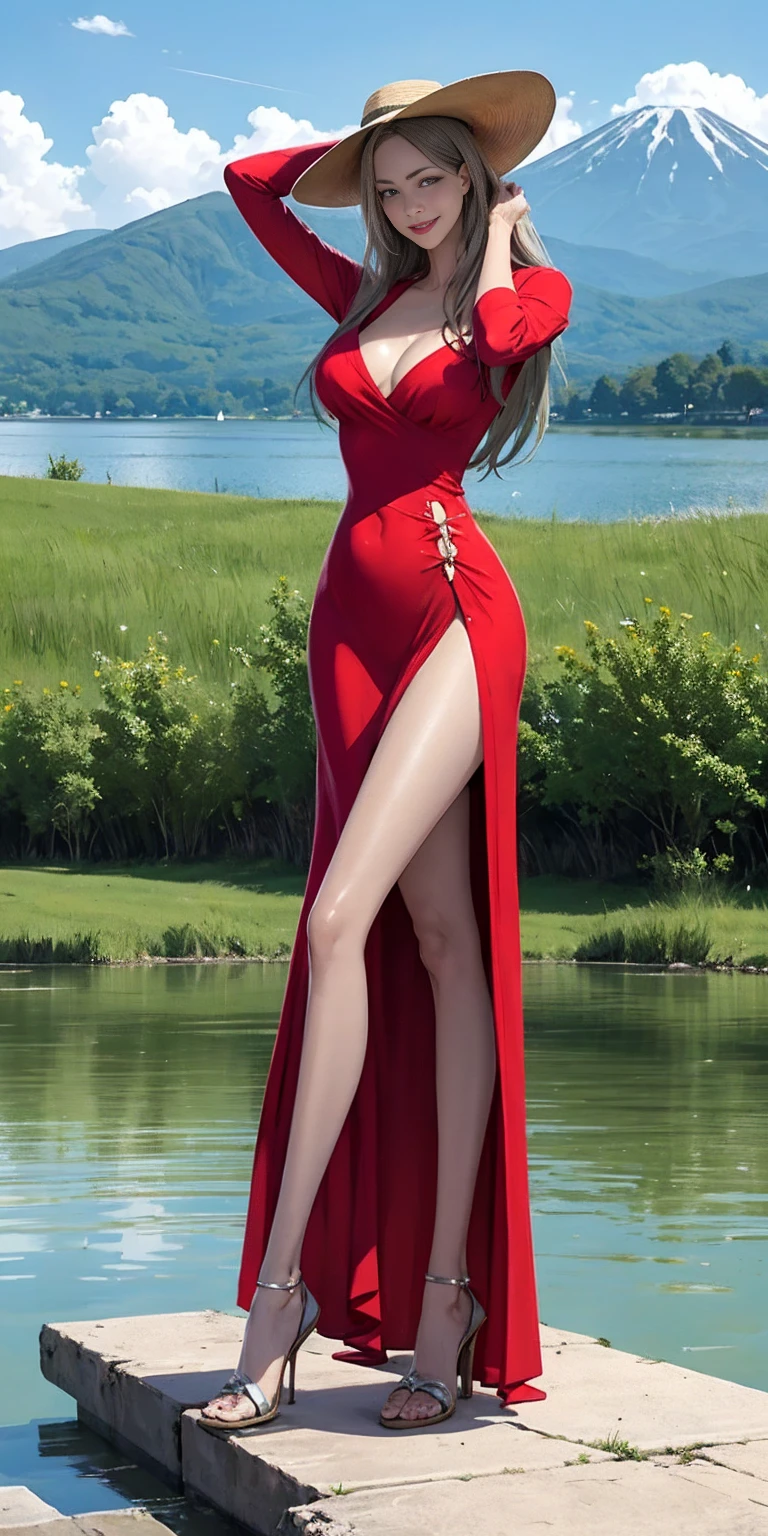 schönes schlankes Mode-Model posiert mit den Händen hinter dem Kopf, rote Lippen, langes rotes Kleid aus Mesh, Das Kleid muss beide Beine bedecken, großer Schlapphut mit roter Krempe, Lächelndes Gesicht, Stehen vor einem wunderschönen See mit Vulkan im Hintergrund, ganzes Bild anzeigen