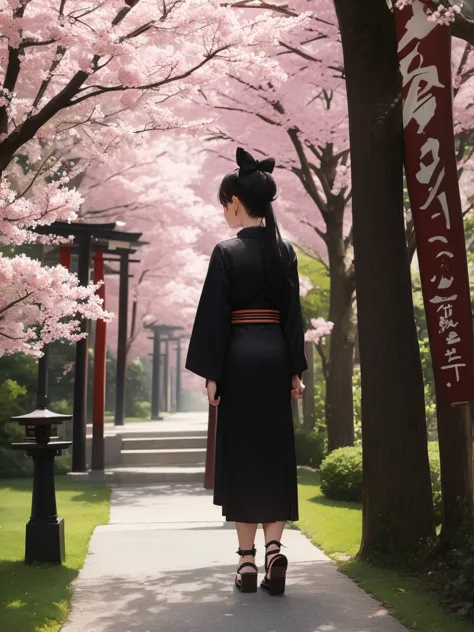 ((masterpiece,best quality)),2girls, black kimono, black legwear, black ribbon, black hair, cherry blossoms, day, flower, hair b...