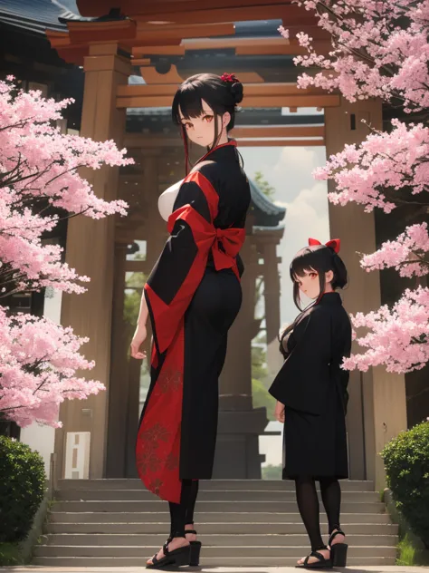 ((masterpiece,best quality)),2girls, black kimono, black legwear, black ribbon, black hair, cherry blossoms, day, flower, hair b...