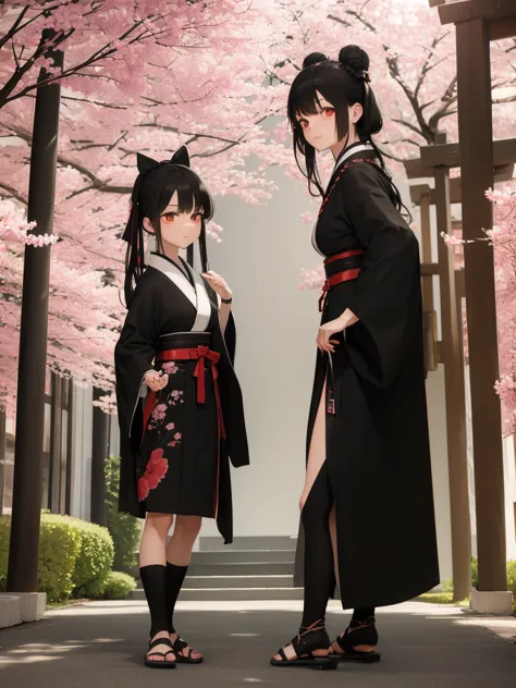 ((masterpiece,best quality)),2girls, black kimono, black legwear, black ribbon, black hair, cherry blossoms, day, flower, hair b...