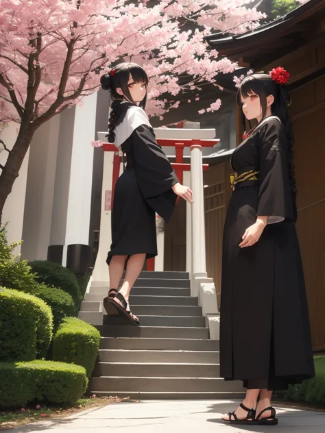 ((masterpiece,best quality)),2girls, black kimono, black legwear, black ribbon, black hair, cherry blossoms, day, flower, hair b...