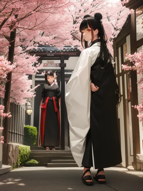 ((masterpiece,best quality)),2girls, black kimono, black legwear, black ribbon, black hair, cherry blossoms, day, flower, hair b...