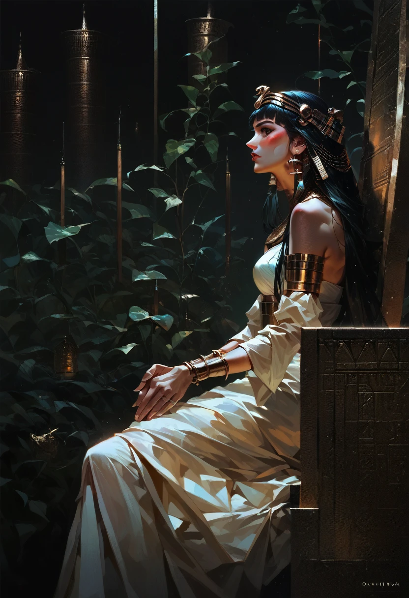 Fraction_9, Fraction_8_Direction_7_up,  side view, (Solitary), Cleopatra, Egyptian, goddess, Pharaoh, Sitting on a golden throne, White Dress, air of superiority, Condescending gaze, marbled columns, silks, Very long hair, Thick hair, 1 Girl, Skin is delicate and smooth, blush, Perfect body, thigh, Very detailed, Glossy lips,    Concept Art, Gwent is horrible (theme)