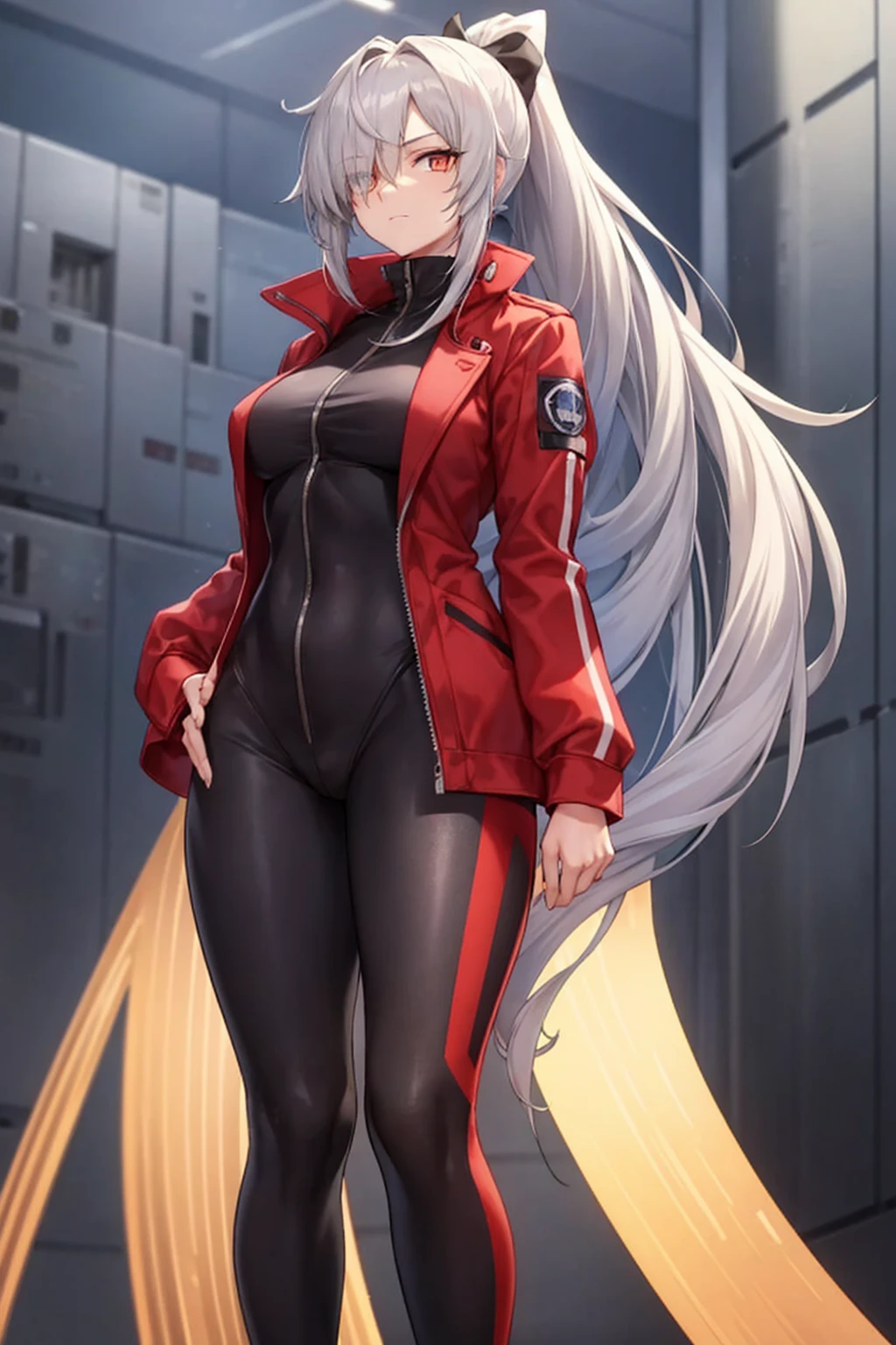 Tall, slim, She has long grey hair tied back in an enormous, messy ponytail that reaches down to her thighs, hair covering one eye, she wears a red jacket, wearing a black full-body suit, golden eyes, angle from below, laboratory background