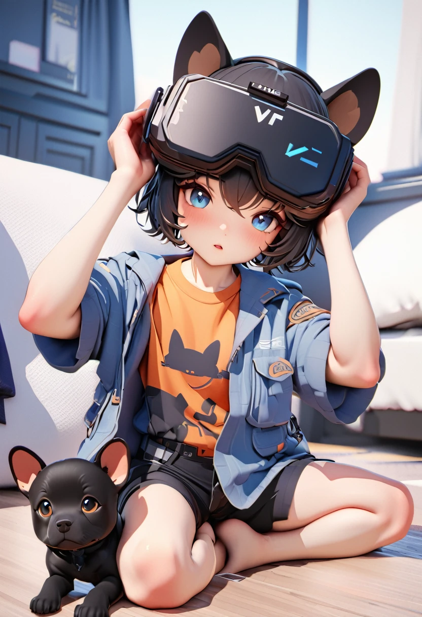 best quality,masterpiece,3d,(\Take him with you\),1 black puppy, Wearing VR glasses on head, ,black dog ears，whole body